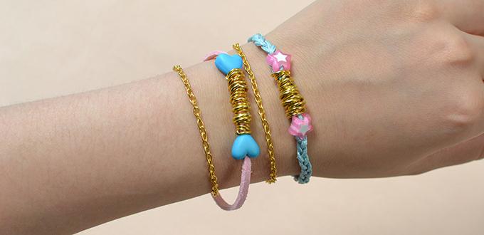 How to Make a Pair of Pink and Light Cyan Cord and Golden Chain Bracelets for Lovers