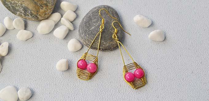 Halloween DIY Project - How to Make a Pair of Golden Wire Wrapped Skull Earrings with Pink Jade Bead