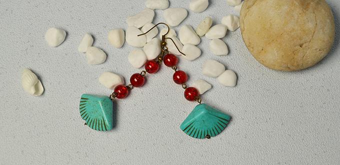 How to Make a Pair of Easy Red Glass Bead and Turquoise Bead Drop Earrings