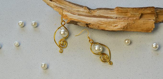 How to Make a Pair of Easy Golden Wire Wrapped Earrings with White Pearl Beads