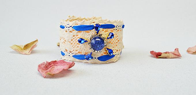 Pandahall Original DIY- How to Make a Handmade Blue Beads Cuff Bracelet with White Lace