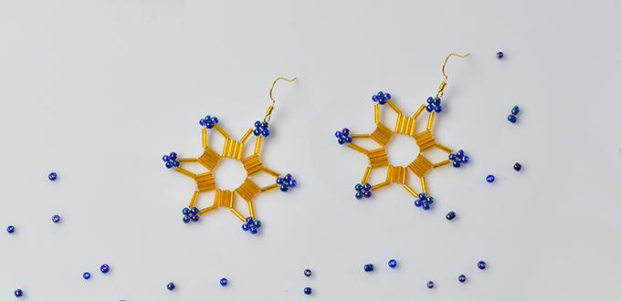 How to Make a Pair of Gold Tube Beaded Star Earrings with Blue Seed Beads 