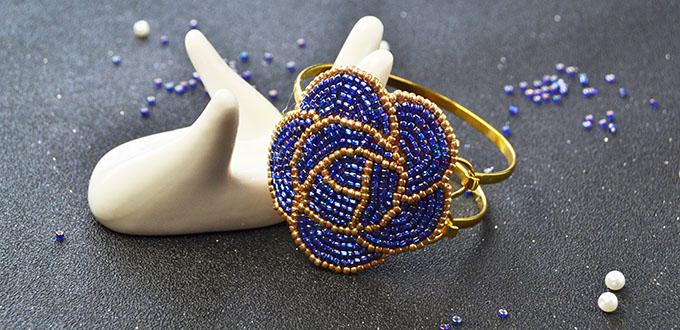 Embroidery Jewelry - How to Make Blue Seed Bead Embroidery Rose Bangle Bracelets