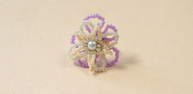 Beebeecraft tutorials on how to DIY spring flower ring with seed beads