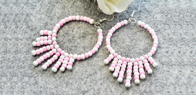 Learn from Beebeecraft How to Make a Pair of pink and white Seed Bead Hoop Earrings