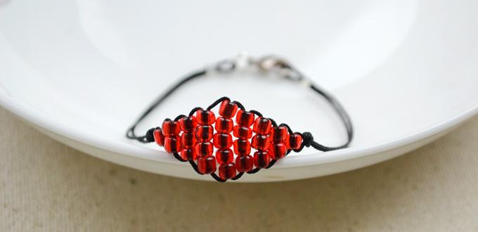 How to Make Diamond Shape Bracelets with Red Seed Beads and Black Nylon Thread