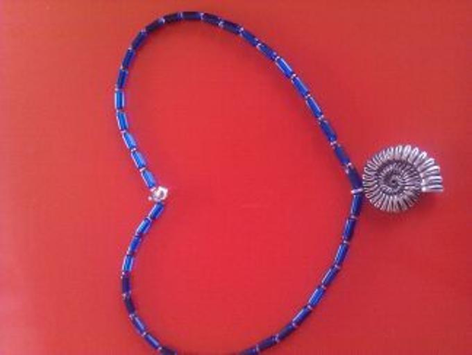 Blue necklace with silver ammonite charm 45 cm/20 inch