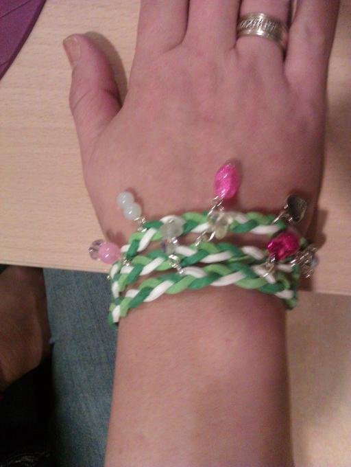 Braided bracelet green and white faux suede with charms and beads on headpins by Martine