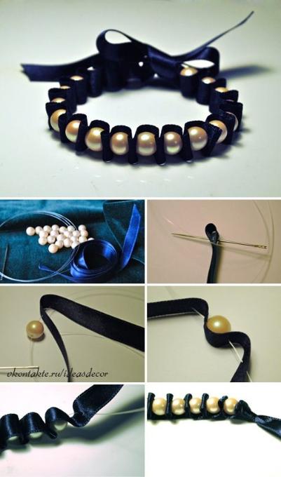 Bracelet with beads & ribbon