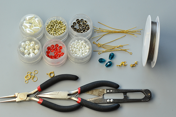 Materials and tools needed for drop beads bib necklace:
