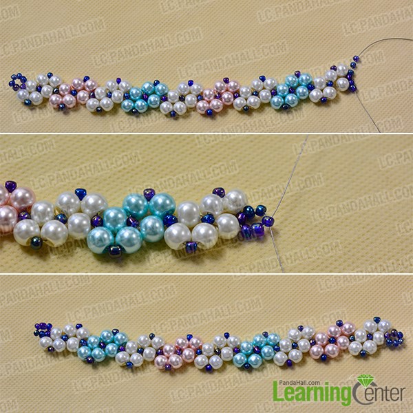 Repeat the pattern with pink and blue pearls