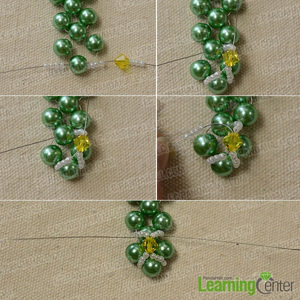 add white seed beads and yellow bicone glass beads 