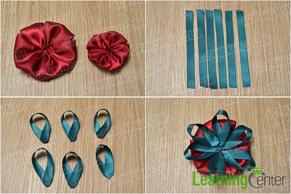 make a small red ribbon flower and a green ribbon flower