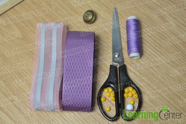 materials and tools for making a violet ribbon flower hair comb