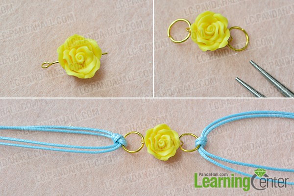Connect the polymer clay flower with waxed cords