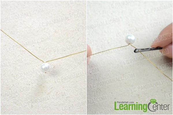 after drying completely, spread the two wire tips apart and you can start to wrap the pearl on the hair pin finding