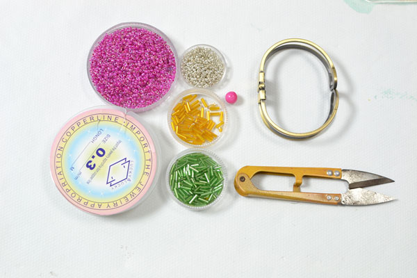 Supplies in the pink flower bangle bracelet DIY:
