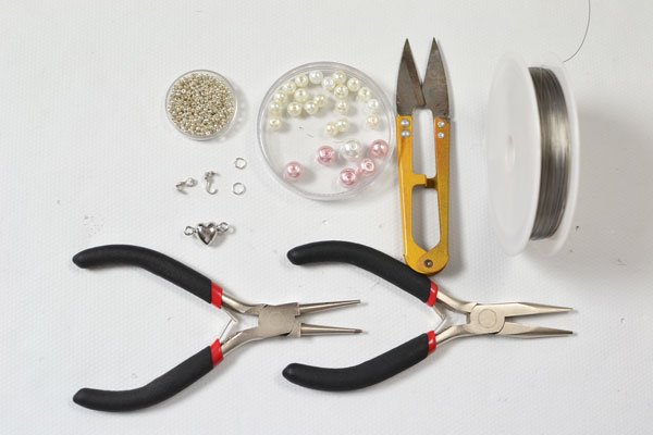 materials and tools needed in DIY the charm pearl bracelets