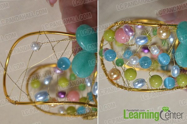 Wrap more colorful beads to the both sides of the cuff bracelet as you like.