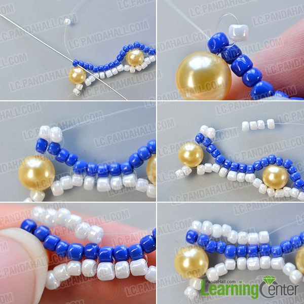 make the fourth part of the blue seed bead stitch wide bracelet
