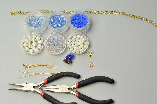 Materials and tools are needed for pretty handmade glass beads chain necklace:
