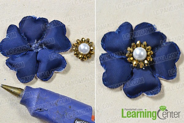 combine the blue ribbon flower with bead flower together