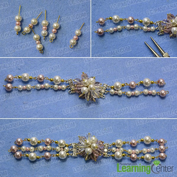 Make the third part of the handmade pink flower pearl bracelet