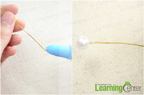apply a few glue at the folded tip and insert it into the hole on pearl bead