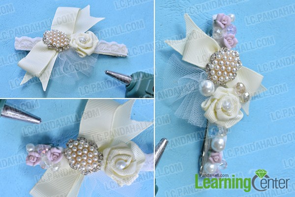 add ribbon rose and beads onto the hair barrette