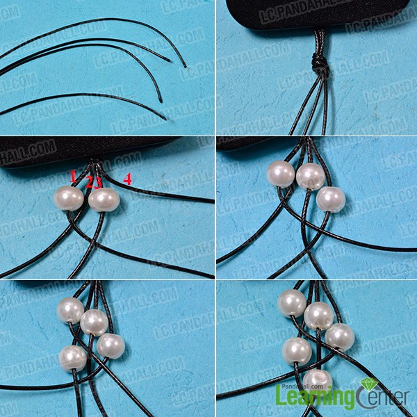 make the first part of the leather cord braided pearl bracelet