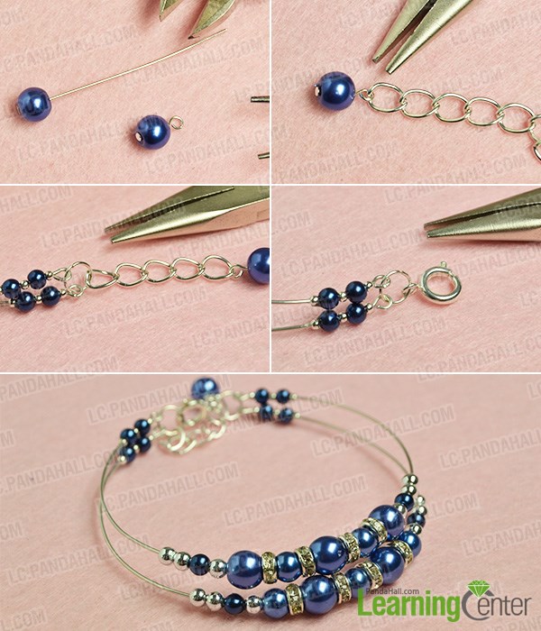finish this simple blue pearl bracelet