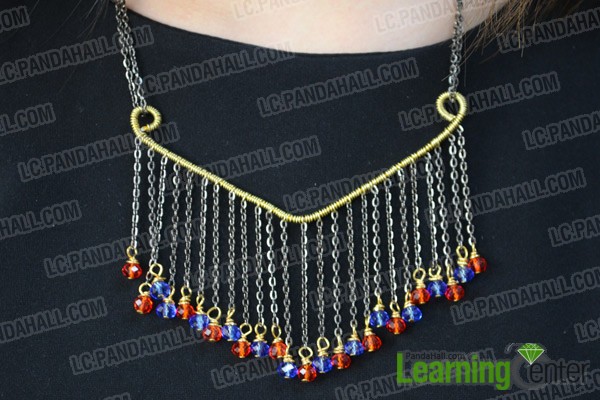 The DIY red and blue beaded fringe necklace will look like this:
