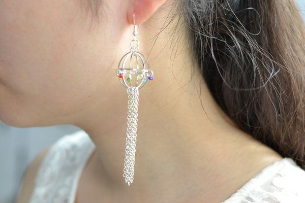 final look of the small silver ball dangle earrings