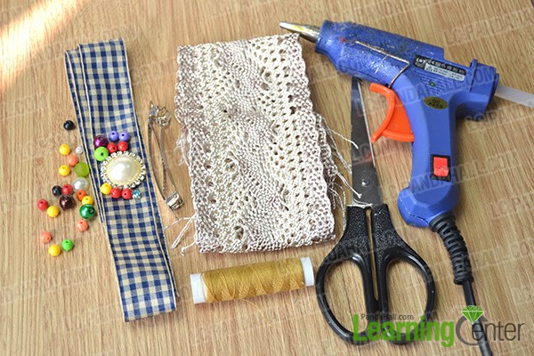 materials and tools for making a big lace bow hair clip