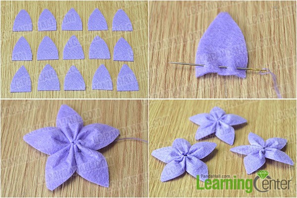 make three felt violet flowers