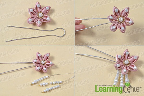 add pearl beads for the pink ribbon flower hairpin