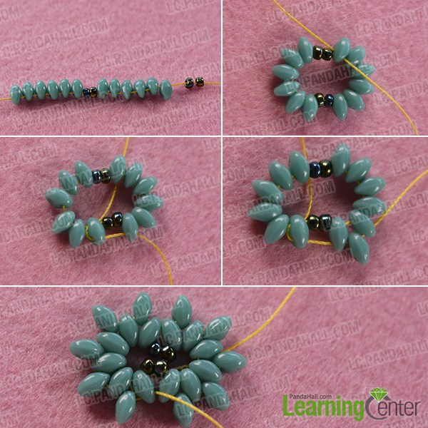 make the first part of the blue 2-hole seed bead ring