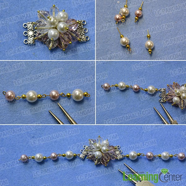 Make the second part of the handmade pink flower pearl bracelet