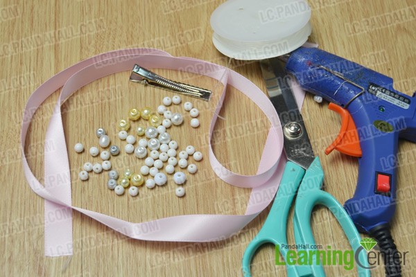 materials and tools for making a princess-style beaded hair clip