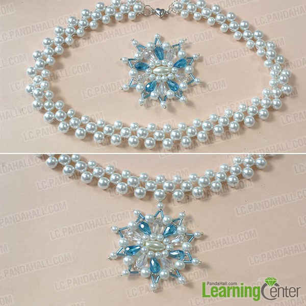 Finish the whole blue and white snowflake big beaded pendent necklace: