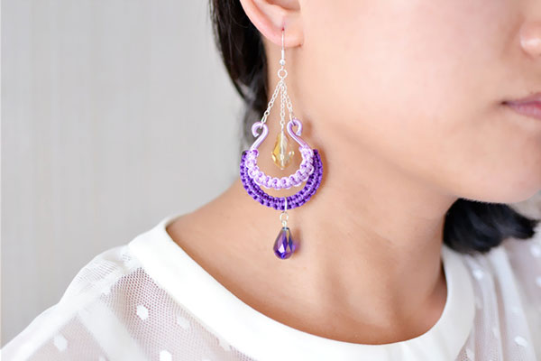 final look of the purple color thread wrapped earrings