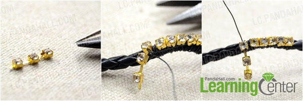 Wrap the 3-rhinestone strand onto the middle of leather cord
