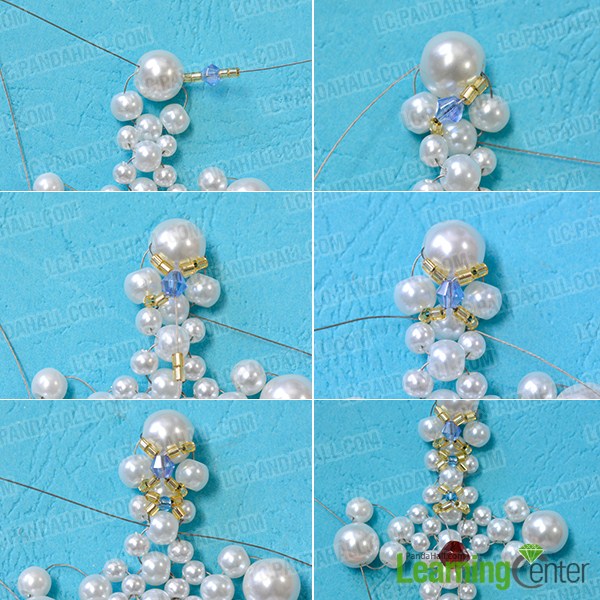 add golden tube beads, blue beads, red beads and seed beads