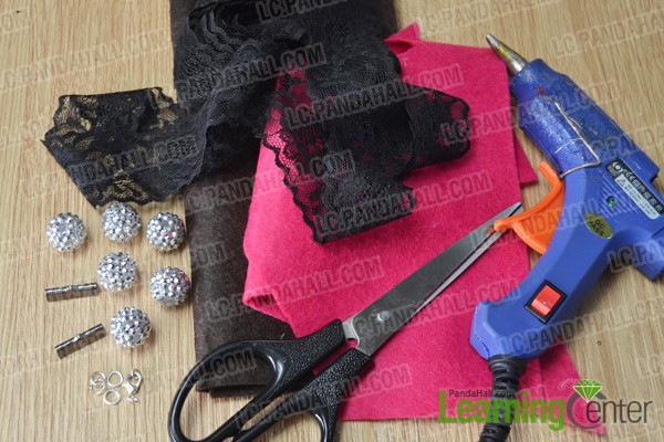 materials and tools for making a black lace cuff bracelet