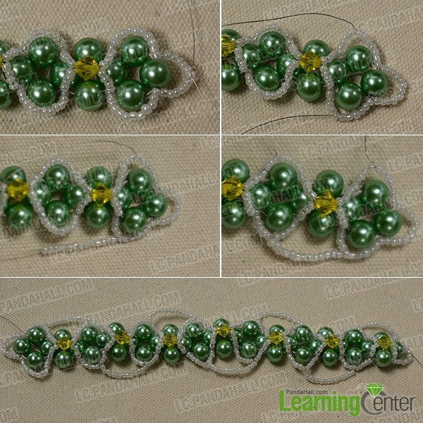 add white seed beads and yellow bicone glass beads 
