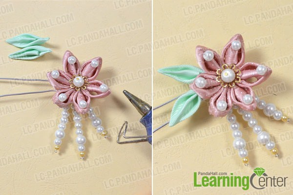 add green ribbon to the pink ribbon flower hairpin