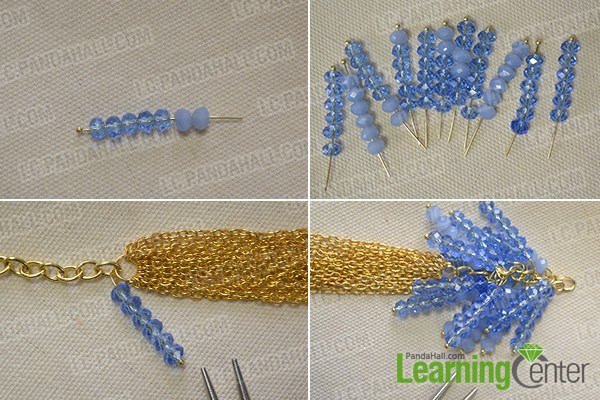String six blue glass beads on 11 headpins and fix them to the jump rings as the pictures show.