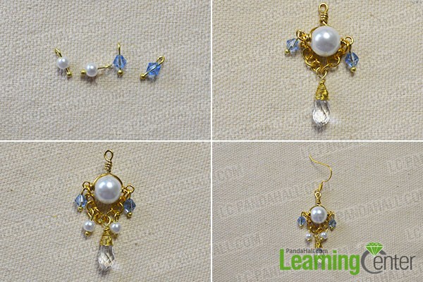 add blue glass beads, pearl beads and earing hook