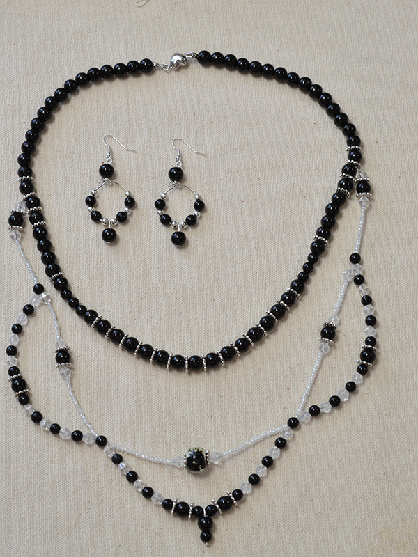 final look of the 	three strand black necklace and earring set