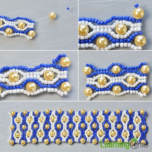 make the eighth part of the blue seed bead stitch wide bracelet